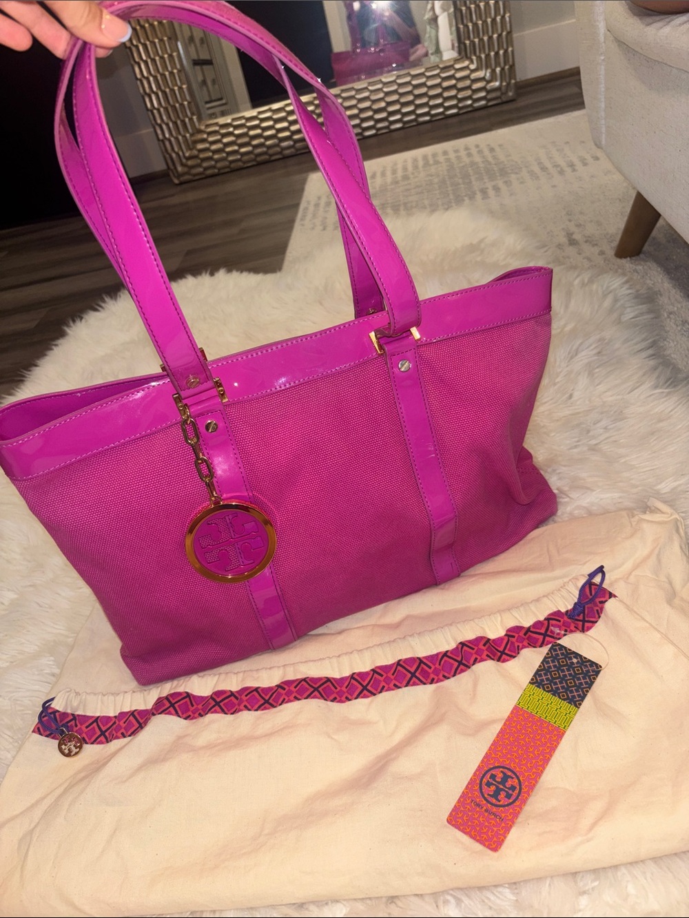Tory Burch Hot Pink Tote with Gold Charm with tags